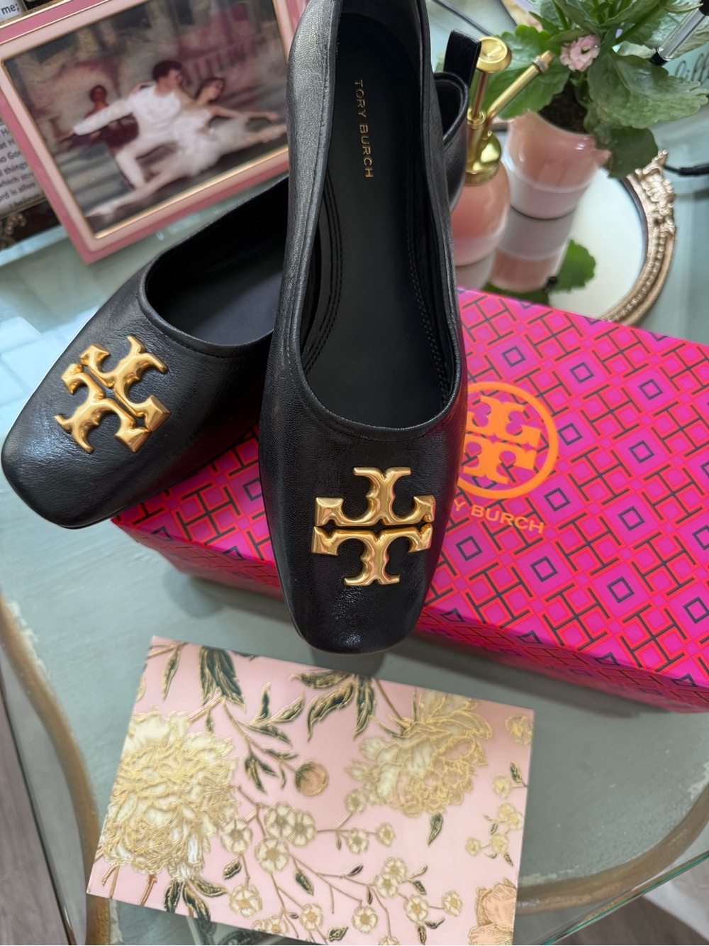 Tory Burch Black Leather Ballet Flats with Gold Logo